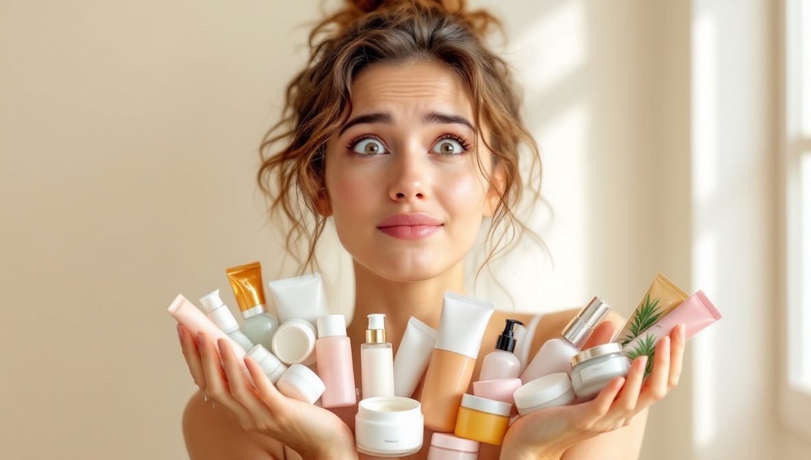 Mulher confusa segurando muitos produtos de skincare