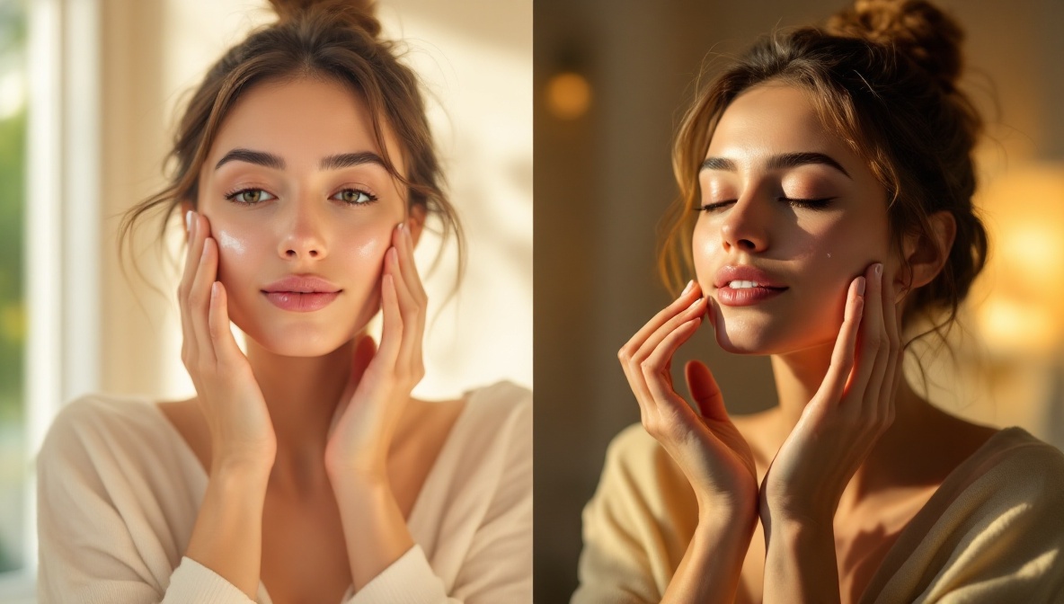 Comparação entre rotina de skincare de manhã e de noite